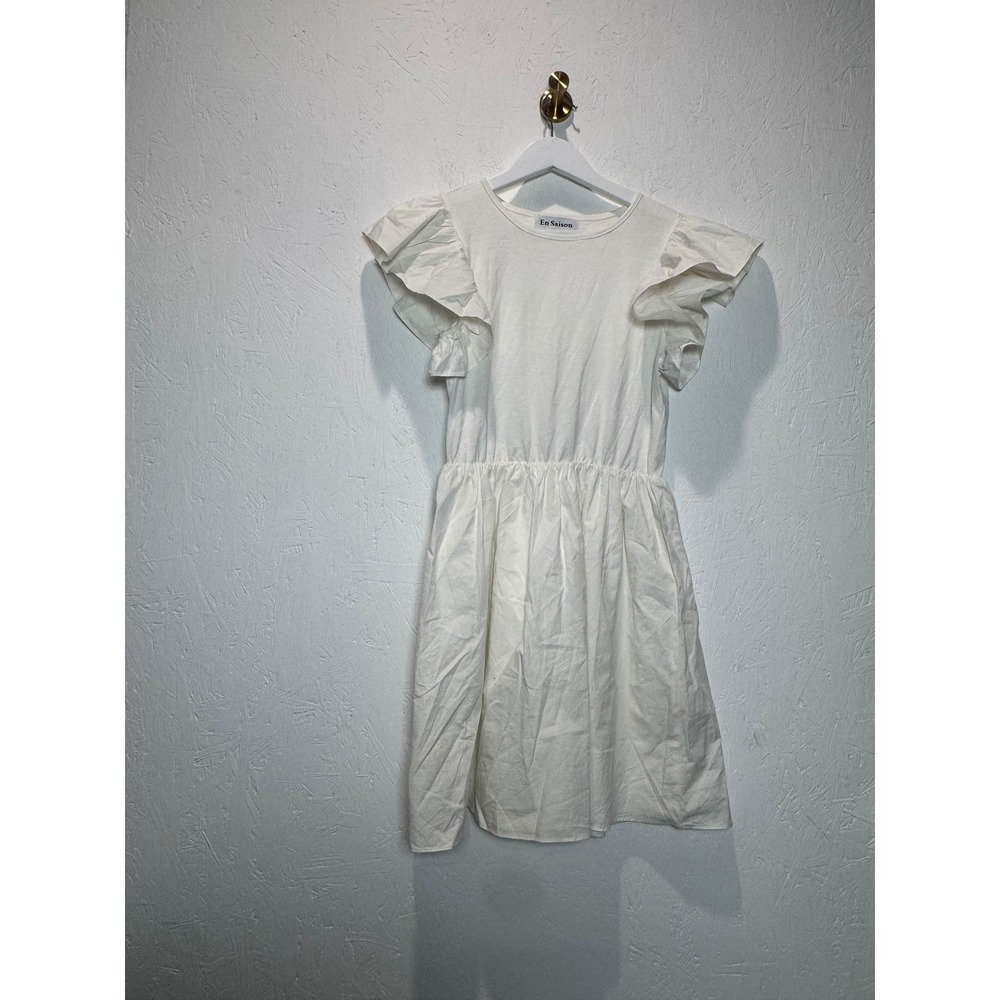 En Saison Womens White Mixed Media Ruffle Flutter Sleeve Mini Dress Small